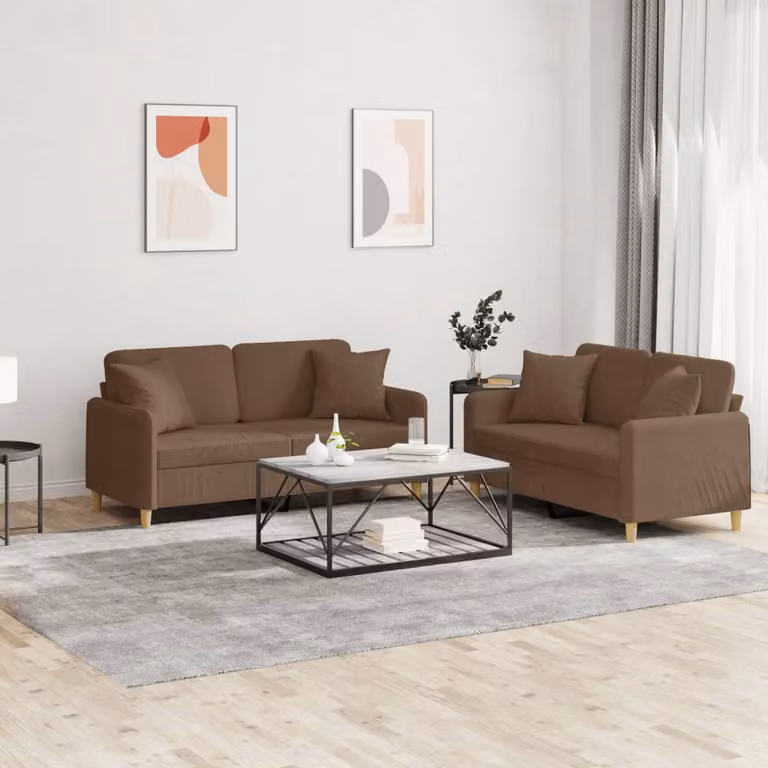 Set di 2 Divani Moderni vidaXL in Tessuto Marrone con Cuscini per Soggiorno L: 138 cm, P: 80 cm, H: 77 cm