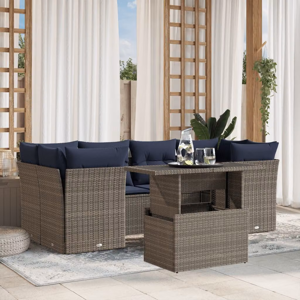 Set di divani da giardino vidaXL in polyrattan grigio con cuscini e tavolino da esterno a forma di L