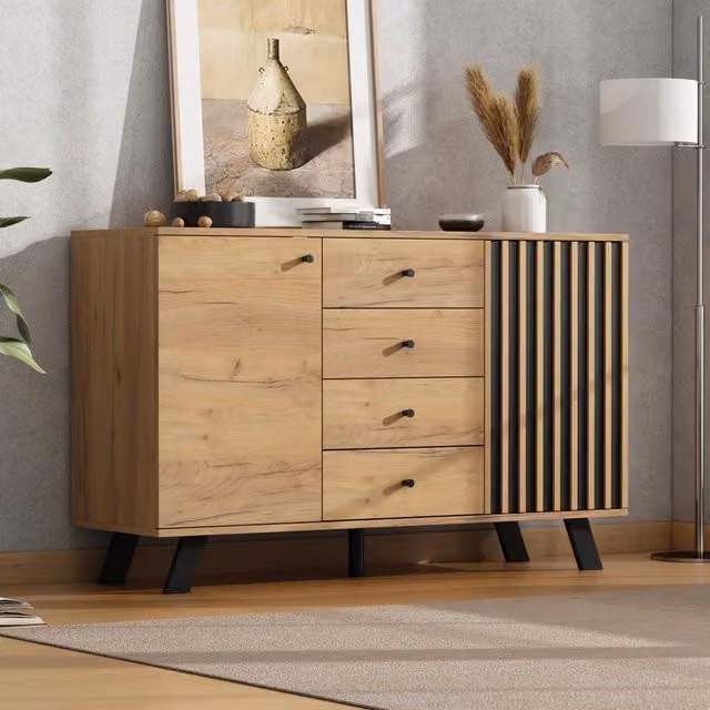Sideboard soggiorno 120x38x75 cm, design traforato con 4 cassetti e 2 ante, consolle versatile su 5 piedi in legno massello, colore legno