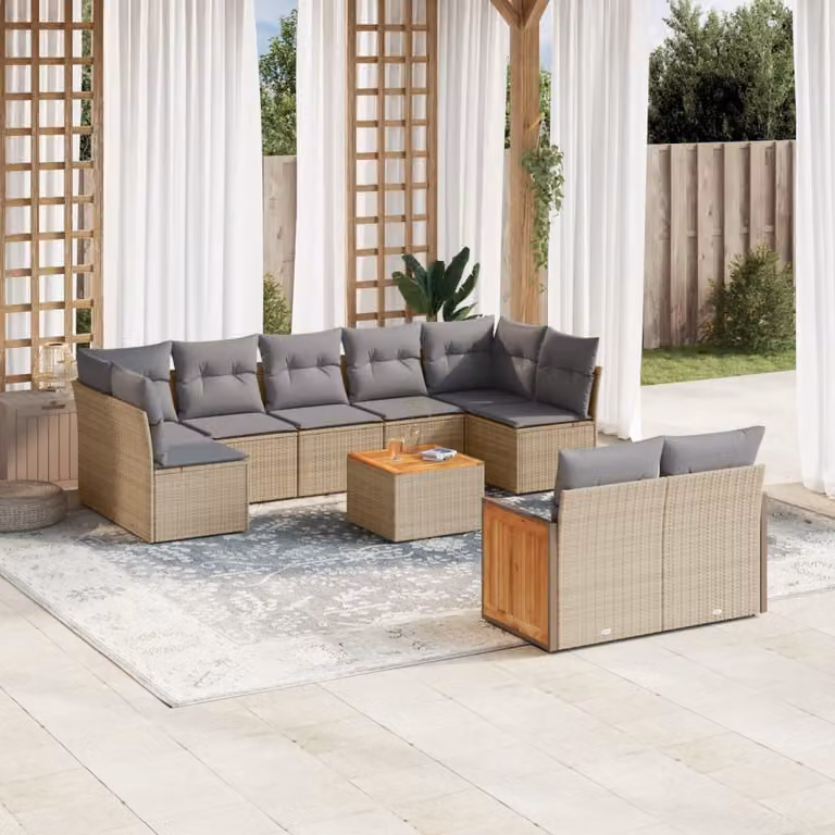 vidaXL Set Divano da Giardino 10 pz in Polyrattan con Cuscini Beige e Grigio per Esterno