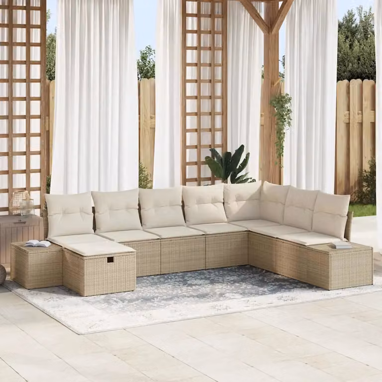 Set Divano da Giardino vidaXL 8 pz Beige con Cuscini in Polyrattan e Struttura in Acciaio
