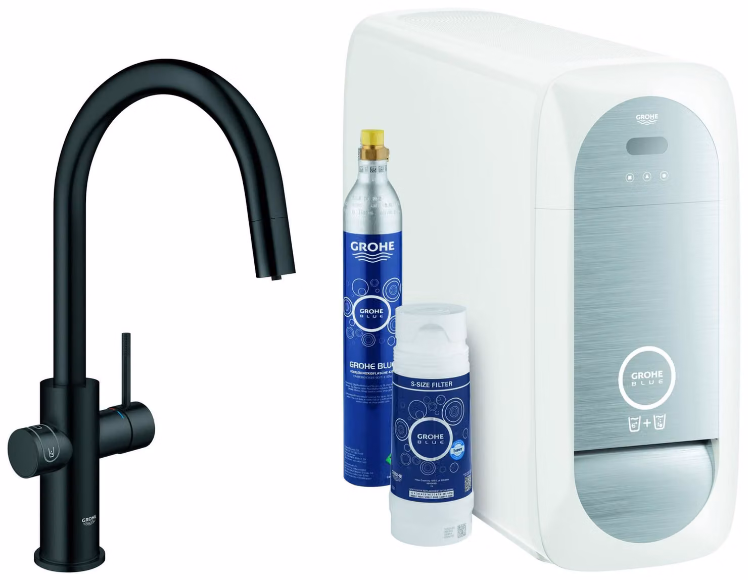 Grohe Blue Home Mitigeur monocommandé pour évier Starter Kit, portée 219mm, bec en C, avec fonction filtre et refroidissement, extractible, 31541KS0, 31541KS0