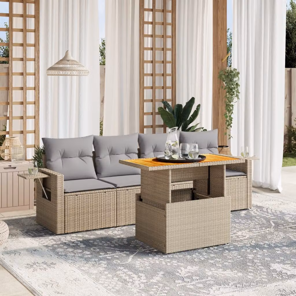 Set Divano da Giardino vidaXL 5 pz in Polyrattan Beige con Cuscini e Tavolino