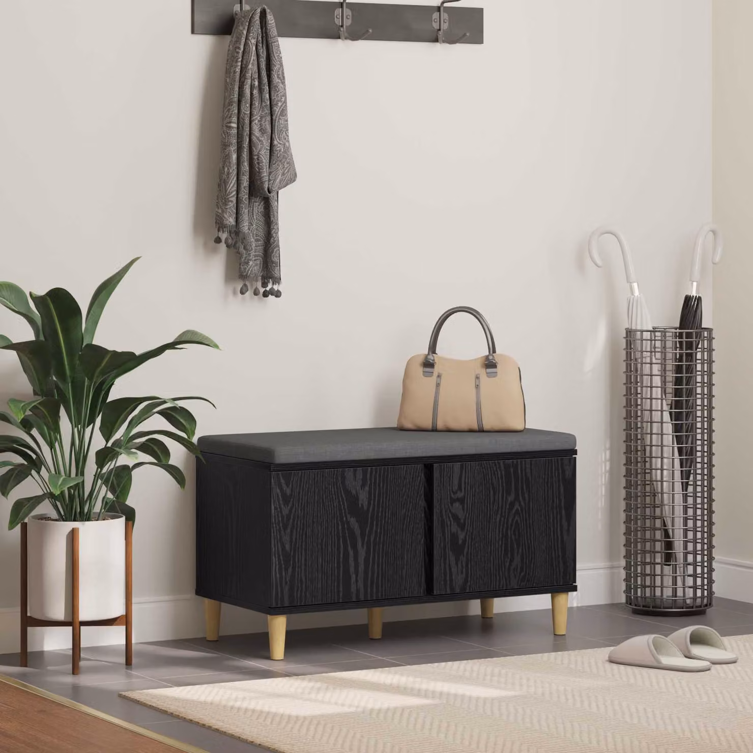 Panca per ingresso con scarpiera vidaXL in legno nero con cuscino L 80 x P 38 x H 46 cm