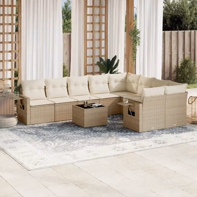 Set Divano da Giardino Moderno vidaXL in Polyrattan con Cuscini Beige e Tavolino in Vetro, 10 Pezzi – 1