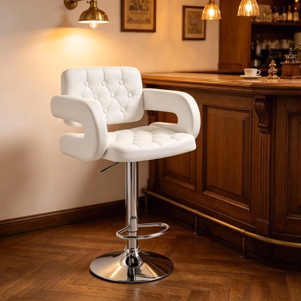 Sgabello da bar WISHDOR con schienale e braccioli, bianco, in ecopelle e metallo, girevole a 360 gradi – 2