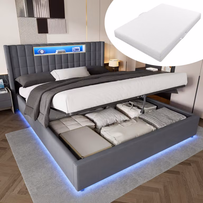 Letto imbottito MODFU 180x200 in velluto, completo di materasso, letto per giovani con ampio spazio contenitore, cassone letto idraulico, illuminazione LED e ripiano imbottito, moderno letto matrimoniale, colore grigio