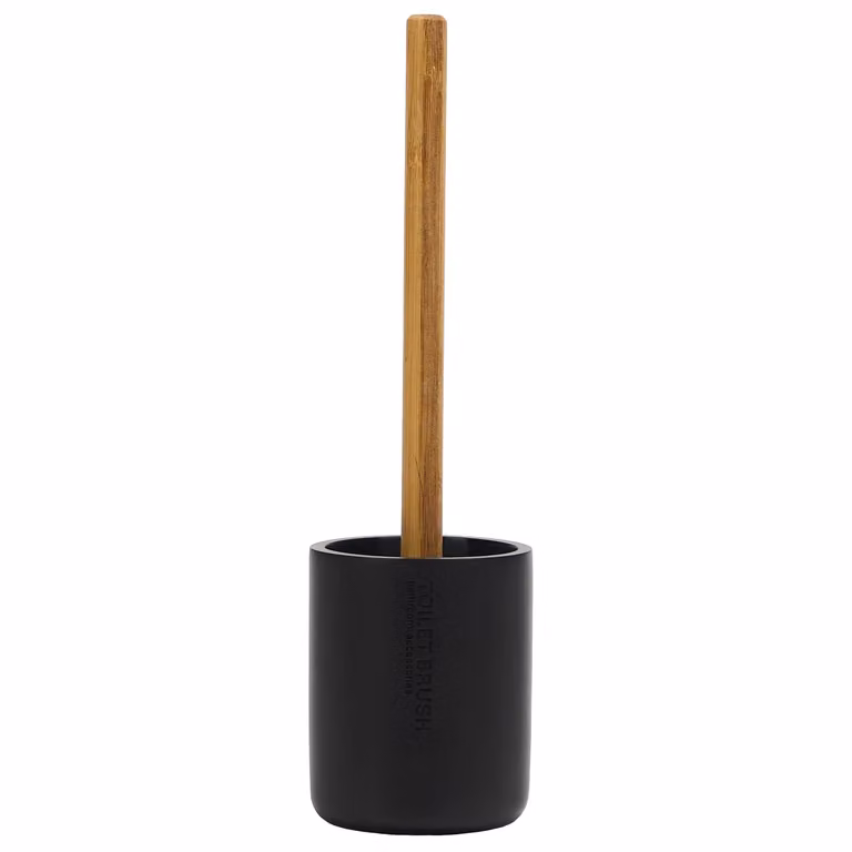 Portascopino con scopino VESTIAMO CASA in poliresina nero con manico in bamboo, H: 38 cm, Diametro: 9,5 cm