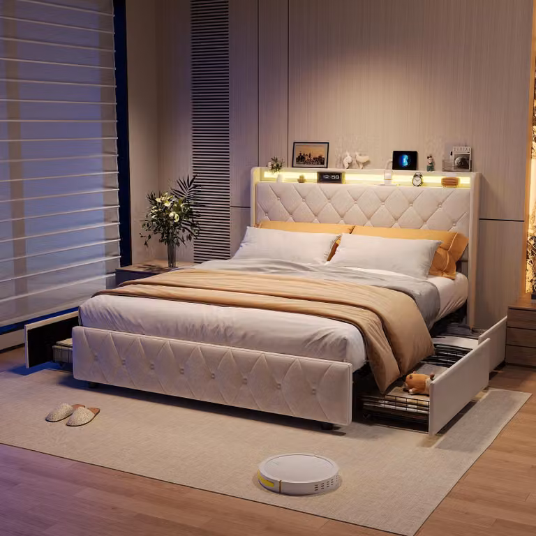 UnboxG Letto contenitore 140x200 cm Velluto beige – Letto imbottito con 4 cassetti, LED e funzione di ricarica USB nella testiera, letto matrimoniale