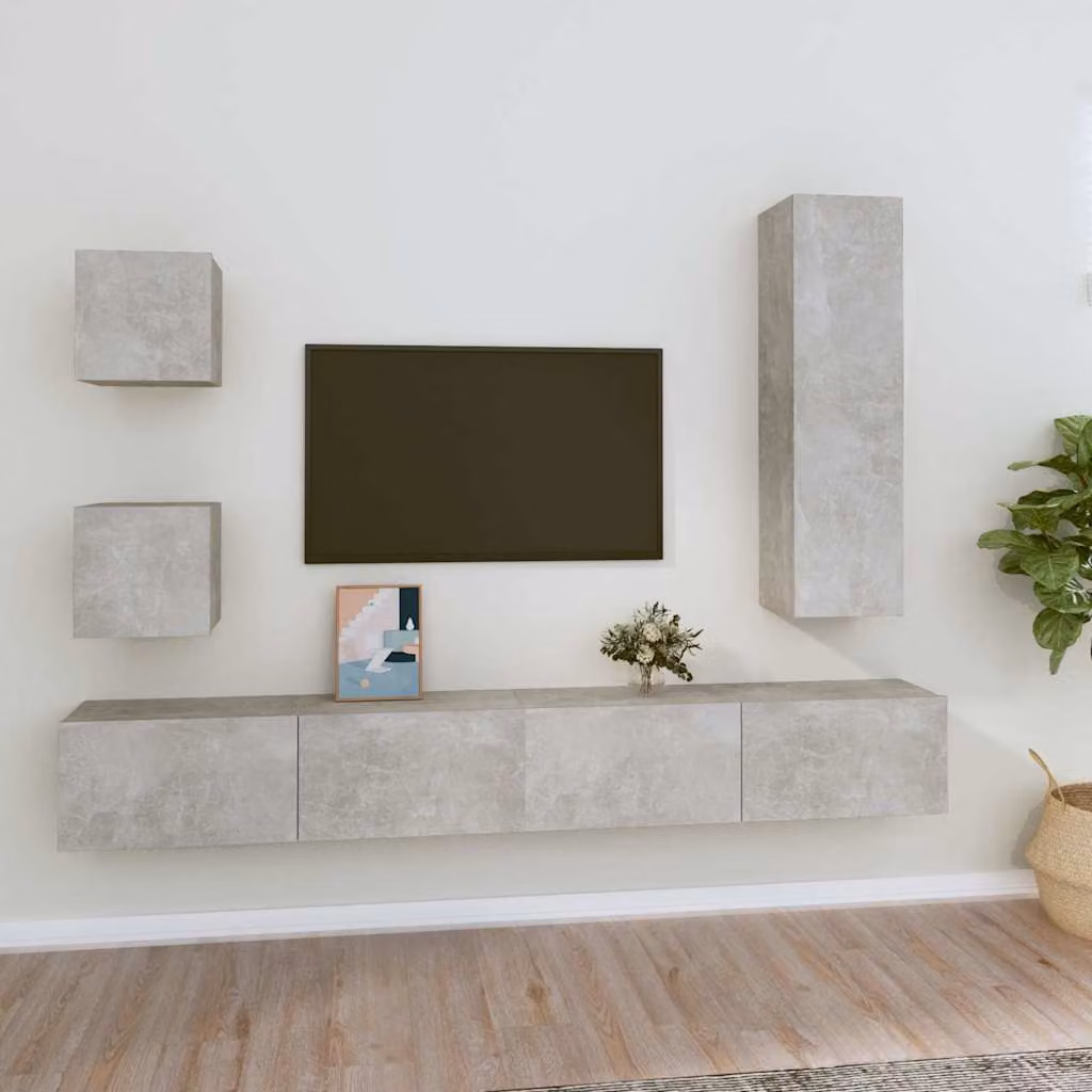 Set di mobili porta TV vidaXL da 5 pezzi in legno e MDF, stile moderno grigio cemento, da appendere alla parete – 1