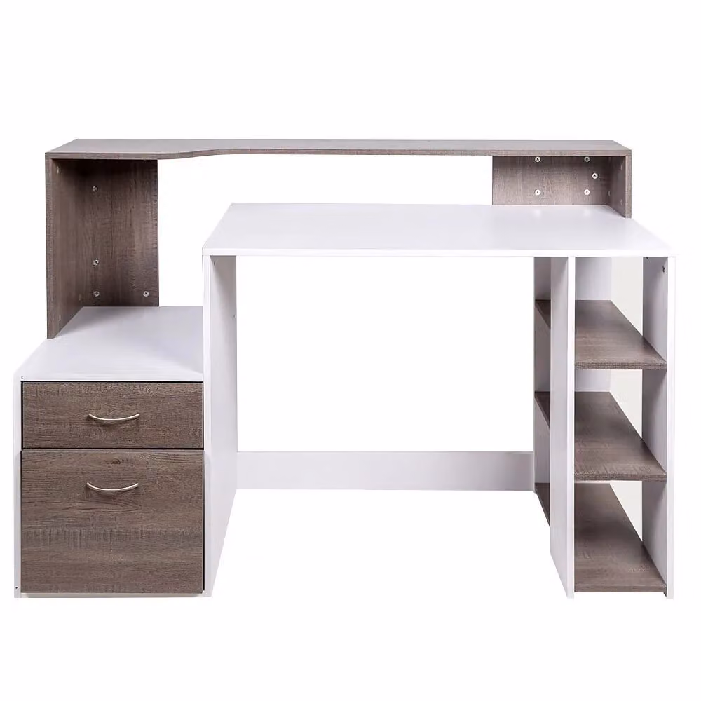Scrivania da ufficio moderna Bakaji con cassettiera e libreria, finitura opaca in MDF, Grigio e Bianco, L: 140 cm, P: 55 cm, H: 92 cm – 2