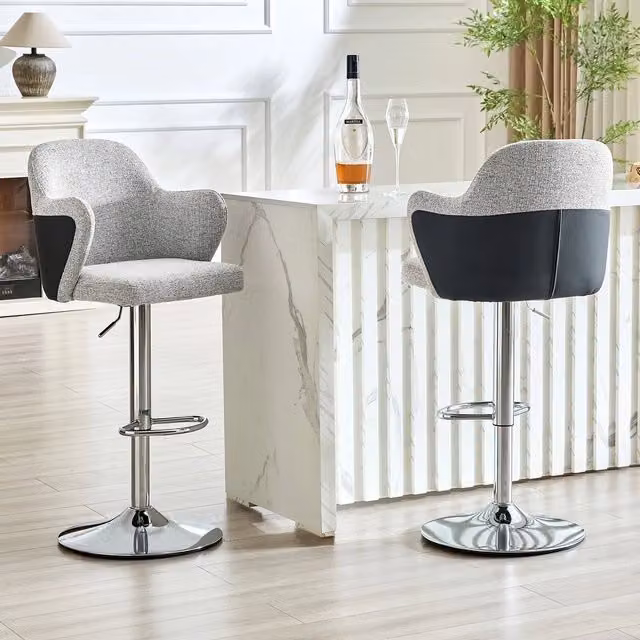 Set di 2 Sgabelli da Bar Minimal Moderni con Braccioli, Girevoli a 360 Gradi e Imbottitura in Tessuto Grigio con Struttura in Metallo