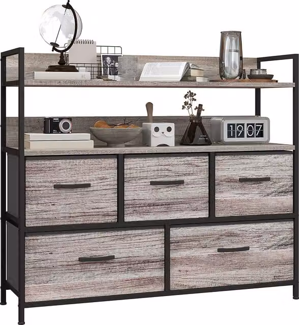 Comò HOMCOM stile industriale con 5 cassetti in tessuto pieghevoli e ripiani, grigio e marrone, L: 98 cm, P: 29 cm, H: 85 cm