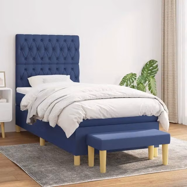Letto Ibrido vidaXL con Giroletto a Molle e Materasso in Tessuto Blu e Bianco L/P/H: 190 x 90 x 31 cm