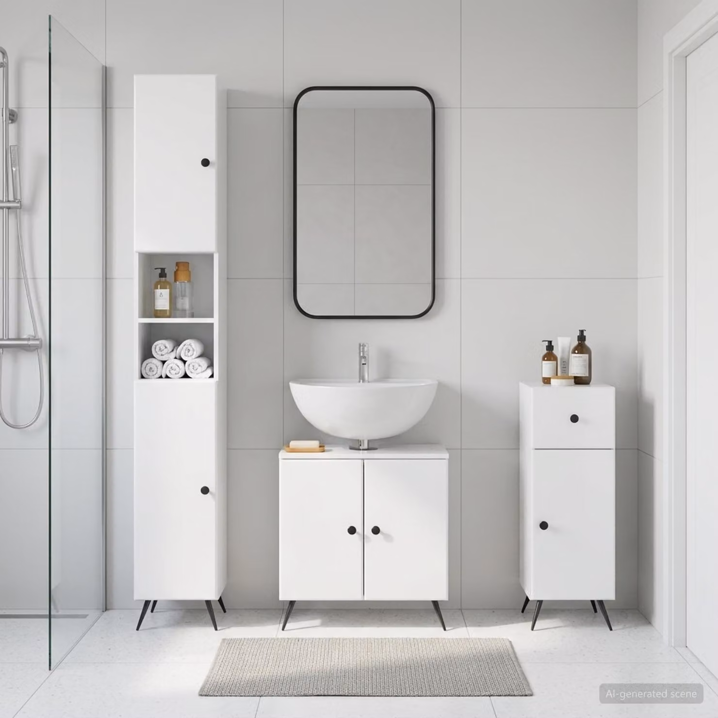 Set di armadietti da bagno 3 pezzi vidaXL BREDA Bianco Lucido moderno con vanità, mobile alto e mobile laterale in MDF