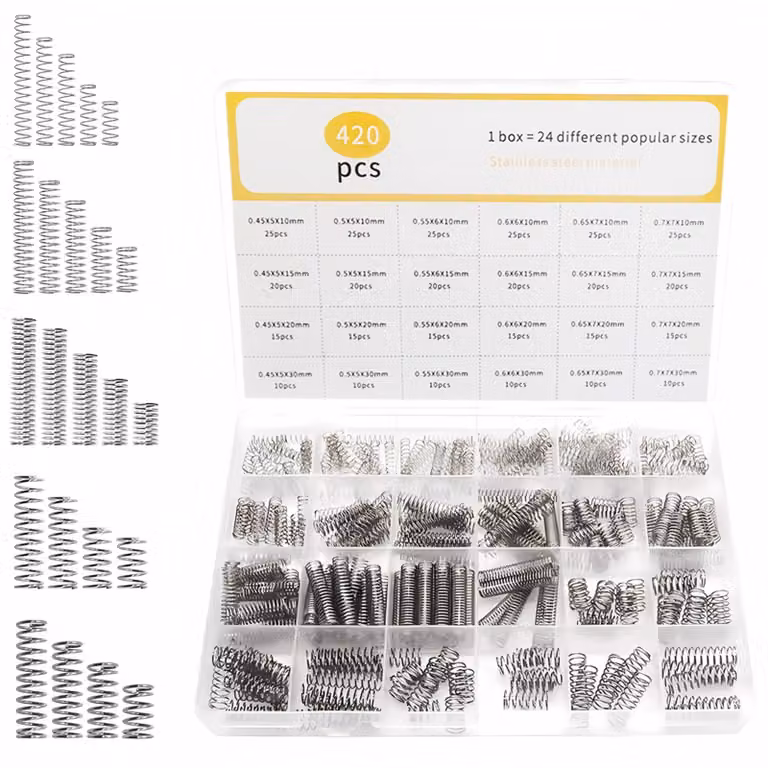 Set di molle a compressione, 420 pezzi – lunghezza da 10 a 30 mm, diametro da 5 a 7 mm, acciaio inossidabile