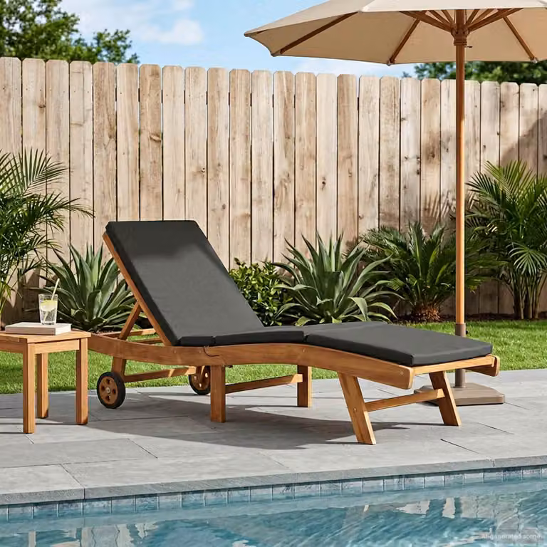 vidaXL Lettino da sole in legno di teak con tessuto in poliestere resistente ai raggi UV, marrone e grigio scuro, con poggiatesta regolabile e ruote