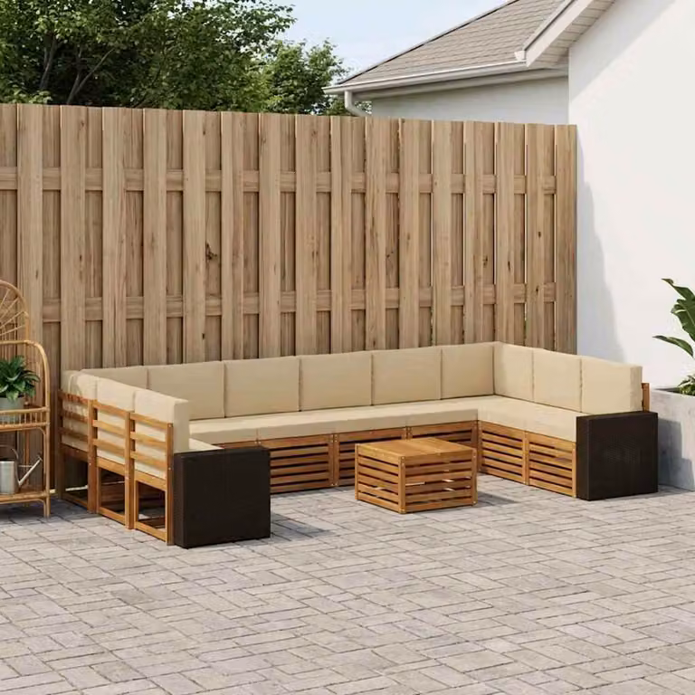 Set di divani da esterno vidaXL 11 pezzi in legno di acacia con cuscini beige e marrone