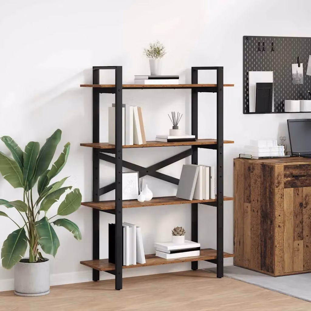 Libreria vidaXL in stile industrial con 4 livelli in legno e metallo, colore marrone, L 100 x P 33,5 x H 140 cm