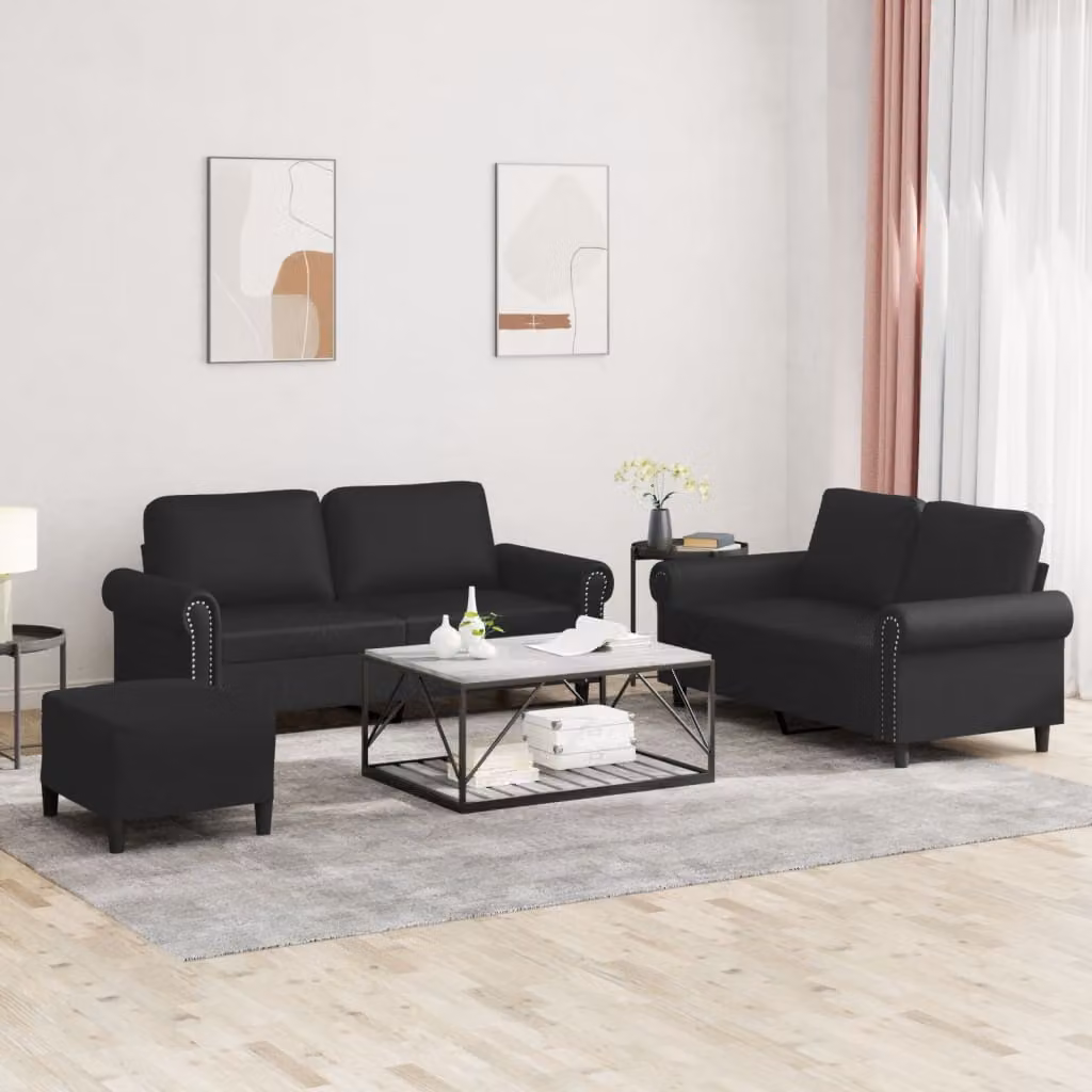 Set di divani vidaXL 3 pezzi in similpelle nera con pouf e cuscini per soggiorno moderno – 1