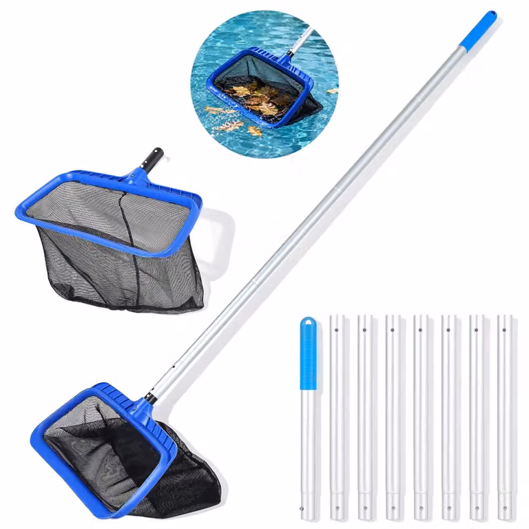 Retino per la pulizia, asta regolabile, versatile per piscine e stagni, colore blu