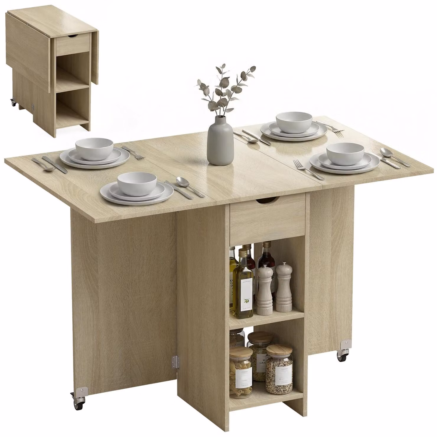 HOMCOM Tavolo da pranzo pieghevole, tavolo da cucina con cassetto, 2 ripiani, per 2-4 persone