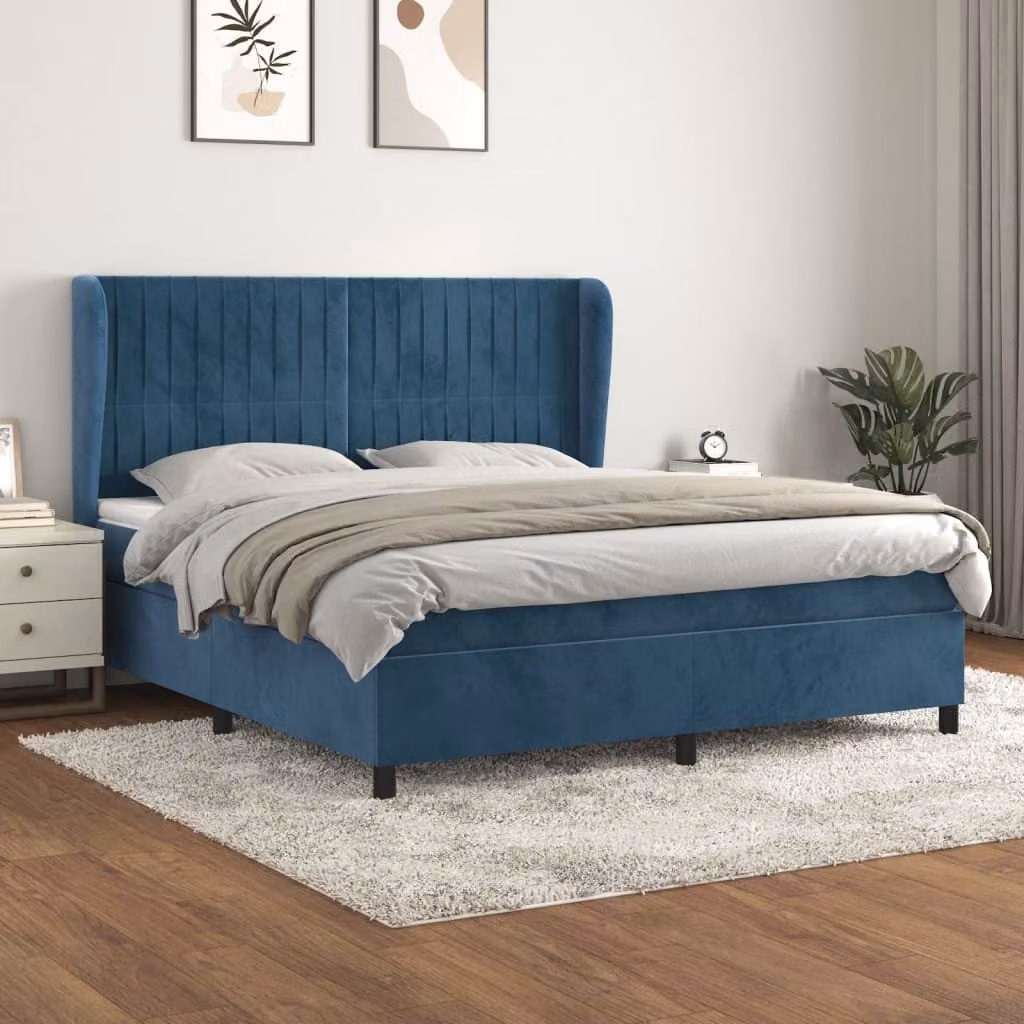 The Living Store Letto a molle con materasso blu scuro 160x200 cm in velluto