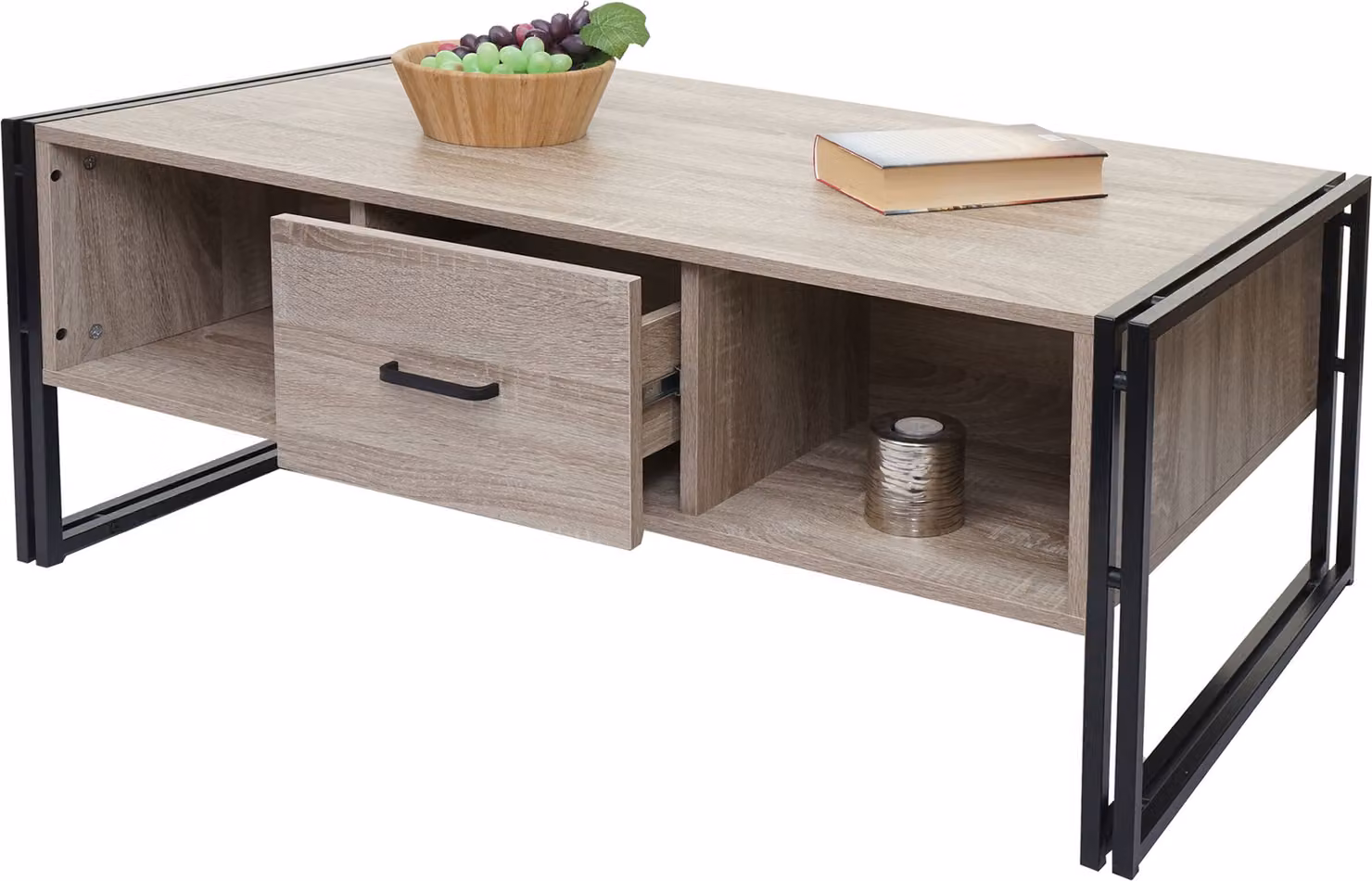 Tavolino HWC-A27b, tavolino da salotto, struttura 3D, 45x110x60cm MVG, metallo ~ aspetto rovere