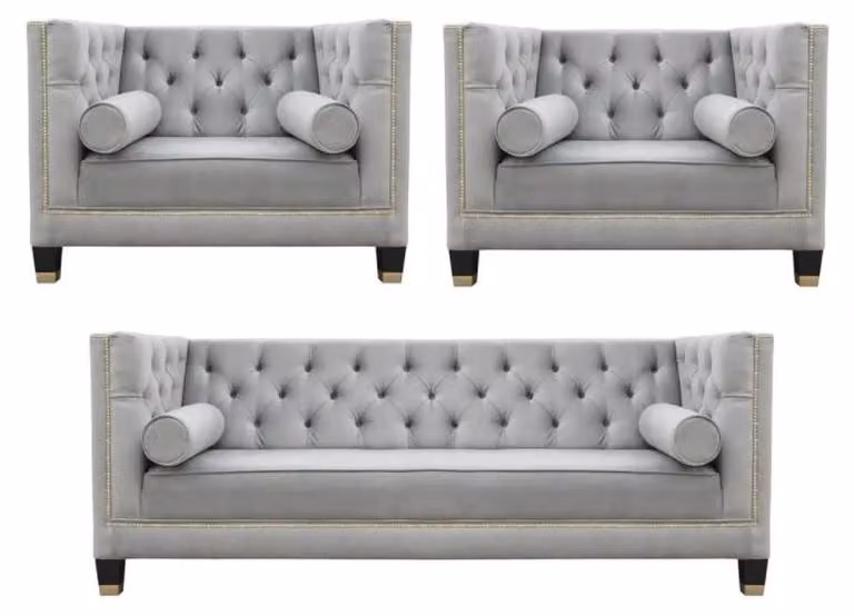 Sofagarnitur Grau Chesterfield Sessel Luxus Möbel Textil Stoff Wohnzimmer