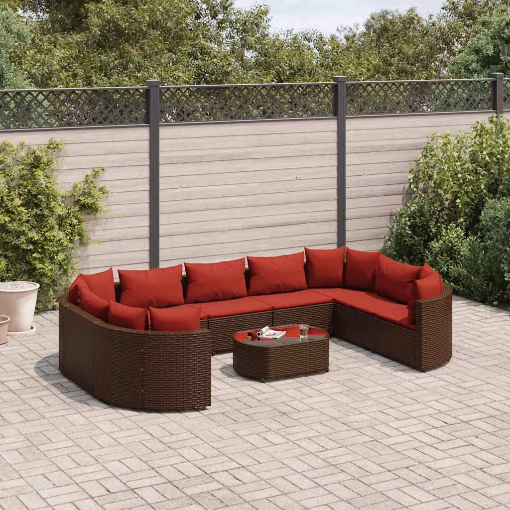 Set da giardino vidaXL composto da 10 pezzi con divani, tavolino e cuscini in polyrattan marrone e struttura in acciaio verniciato a polvere