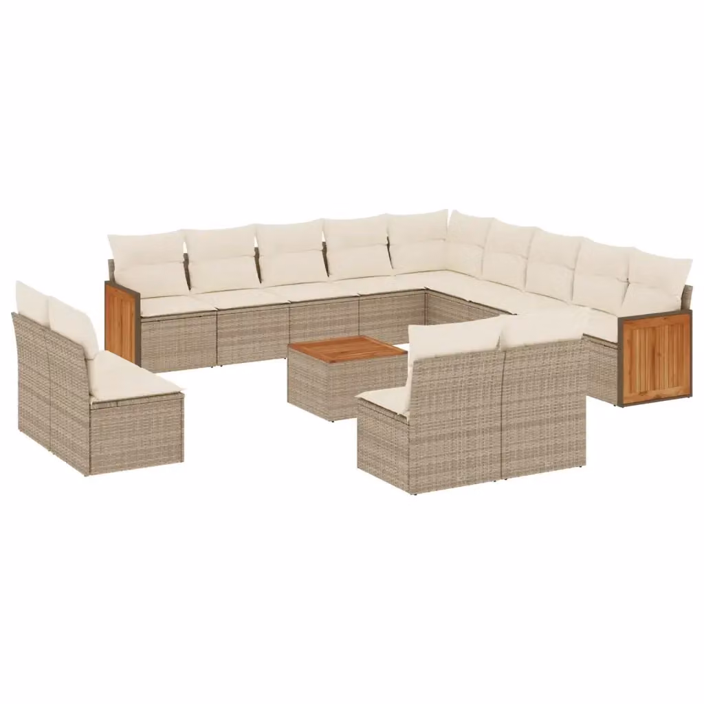 Set da giardino moderno vidaXL composto da 14 pezzi con poltrona lounge, elementi angolari, tavolino da caffè e cuscini beige in polyrattan e legno di acacia – 2