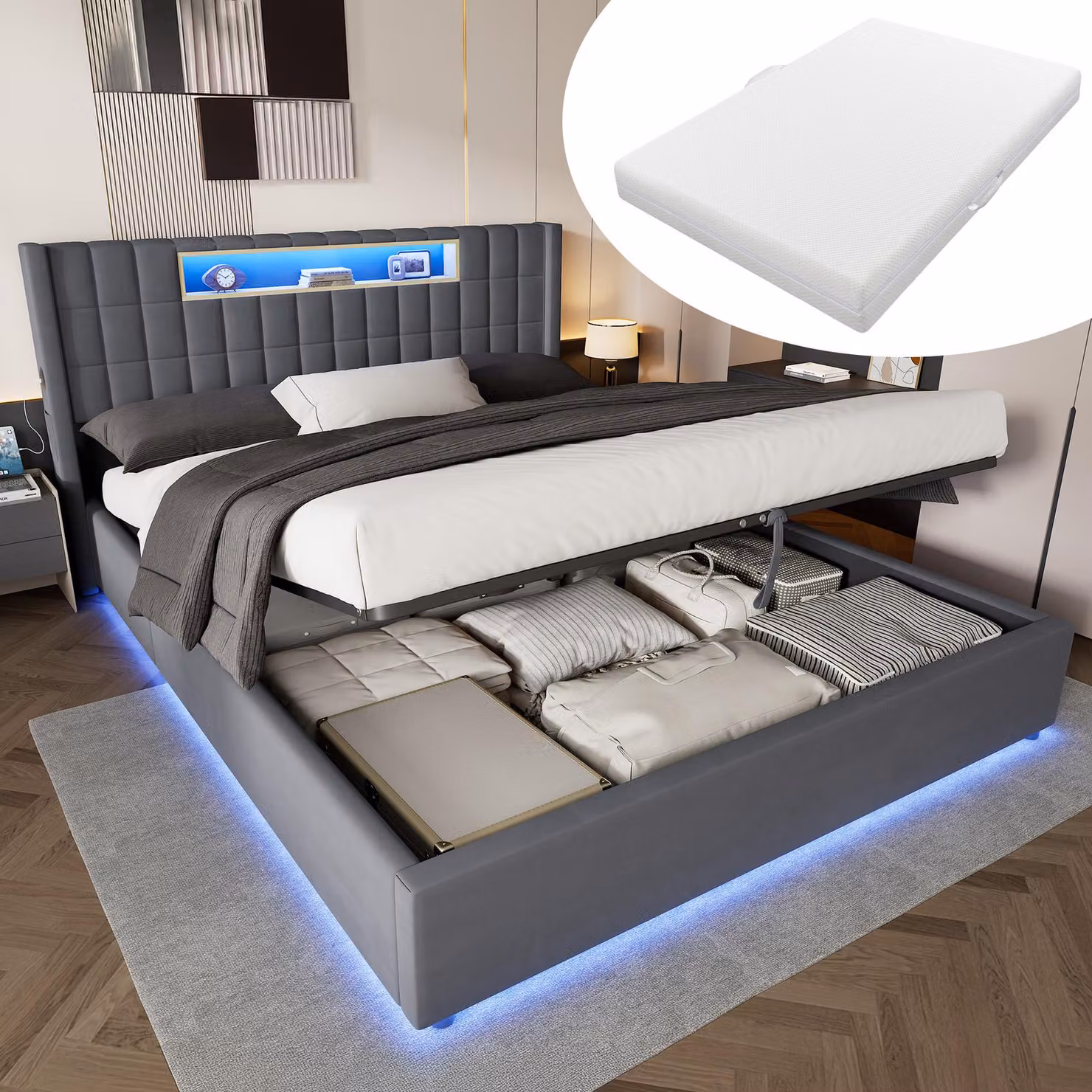 Letto imbottito MODFU 180x200 in velluto, completo di materasso, letto per giovani con ampio spazio contenitore, cassone letto idraulico, illuminazione LED e ripiano imbottito, moderno letto matrimoniale, colore grigio
