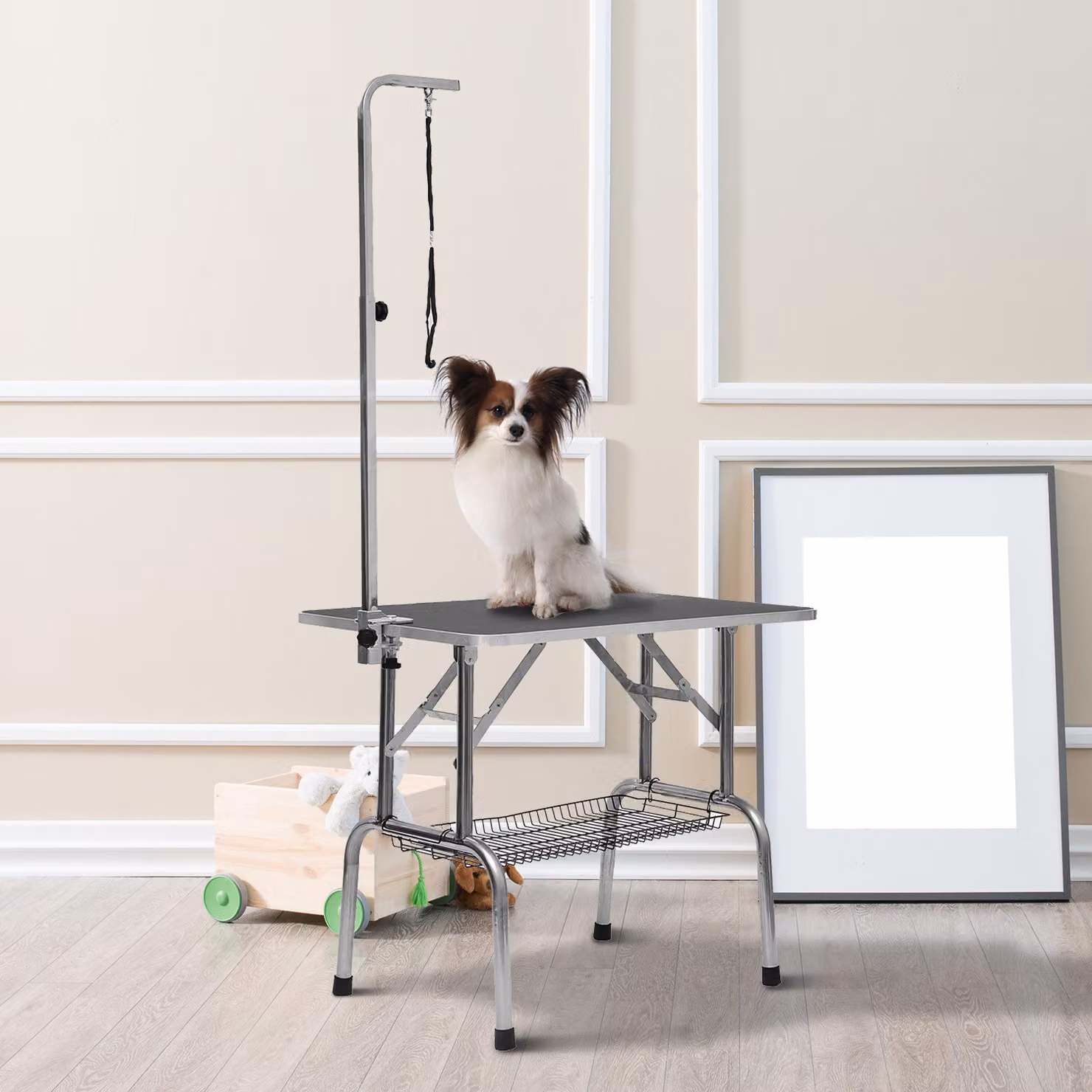 PawHut Tavolo da toelettatura e tosatura per cani e gatti con cestino, Nero, L: 91.5 cm, P: 61.5 cm, H: 77 cm – 2