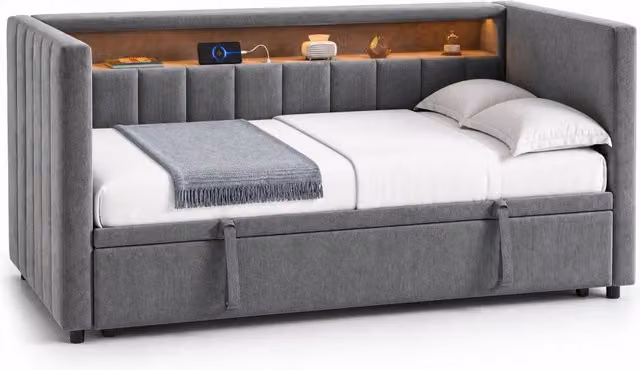 Letto singolo estraibile 90x190 cm con LED; USB-C e vano portaoggetti in velluto grigio scuro
