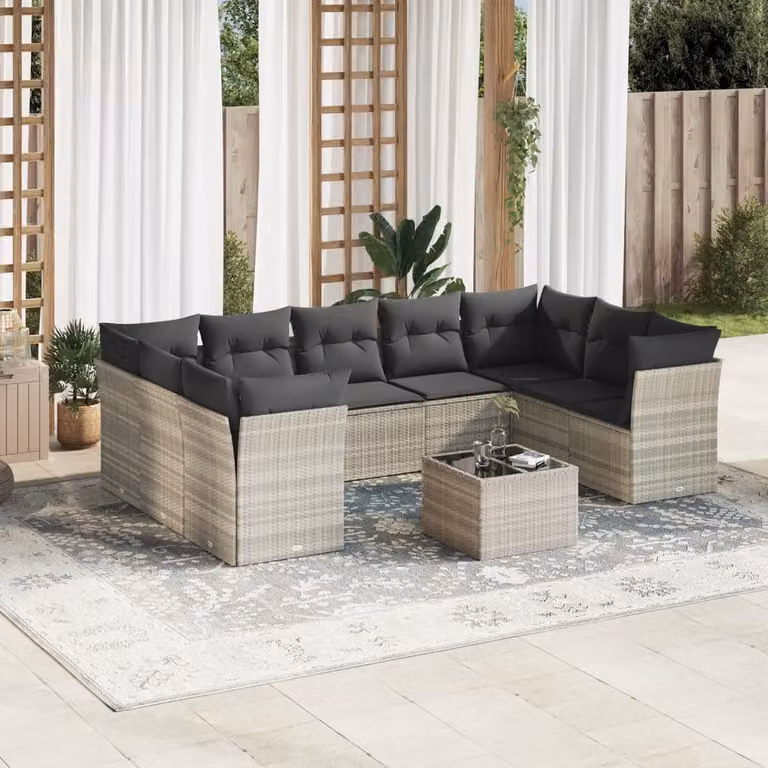 vidaXL Set Divano da Giardino 10 Pezzi in Polyrattan con Cuscini Grigio Chiaro e Tavolino da Esterno