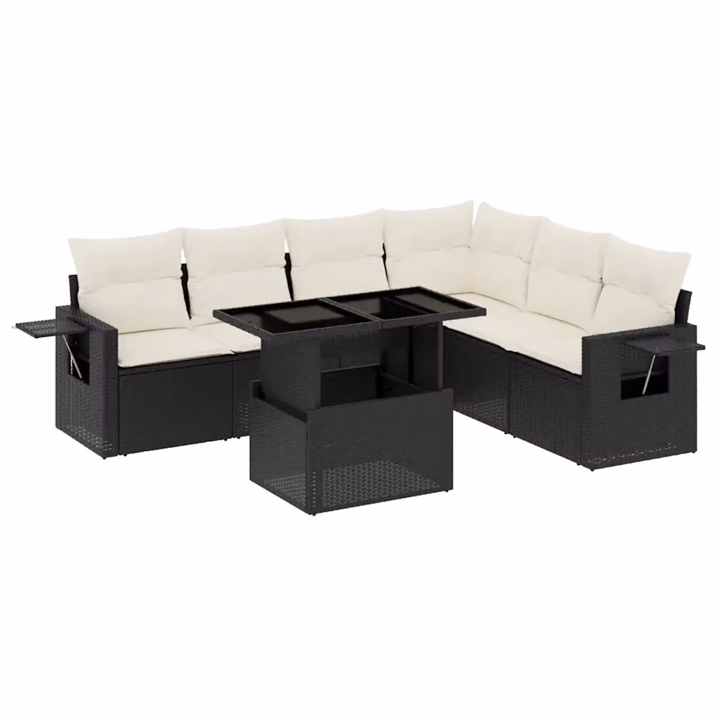 Set Divani da Giardino a L vidaXL in Polyrattan Nero con 7 Cuscini e Tavolino da Esterno – 2