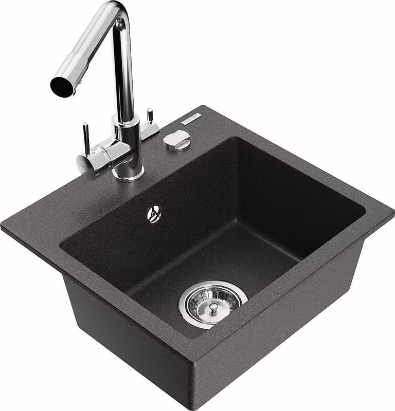 Mexen Milo lavello in granito a 1 vasca con rubinetto da cucina Duero, nero maculato - 6505-76-671600-00