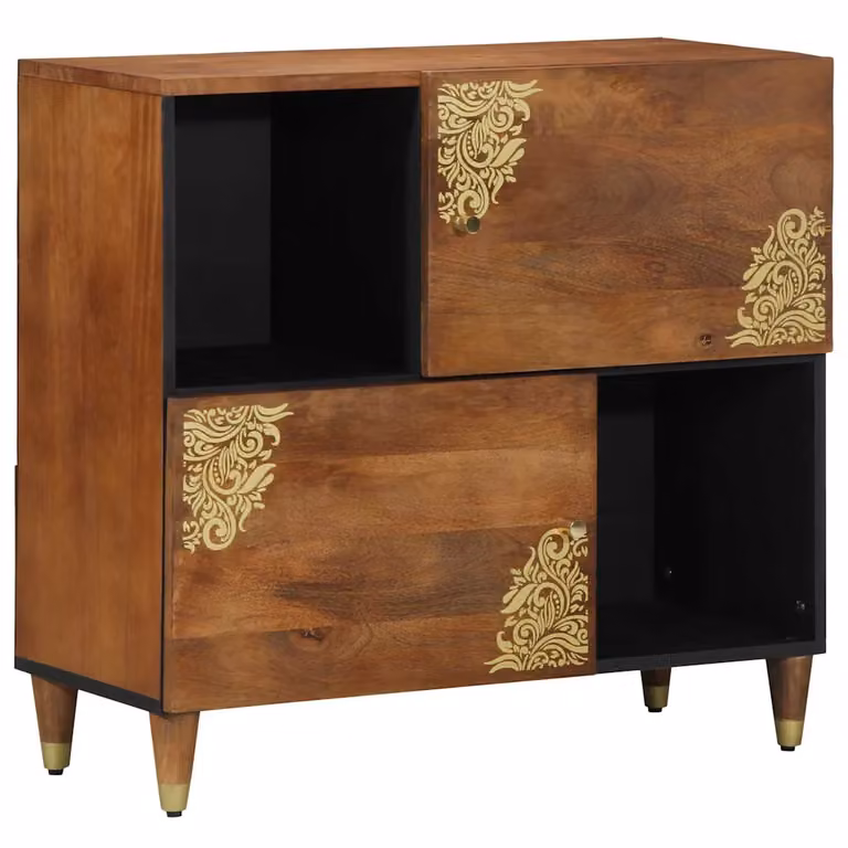 Credenza moderna vidaXL in legno di mango massello marrone con dettagli oro L 80 x P 33 x H 75 cm