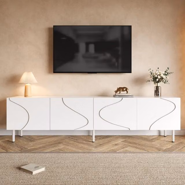 Mobile TV Mivray bianco con 4 ante push-to-open e passacavi, L 170 cm x P 35 cm x H 50 cm