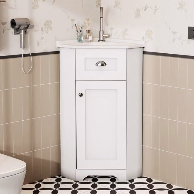 Mobile bagno freestanding WISHDOR con lavabo in ceramica, struttura in MDF bianco opaco e maniglie in metallo