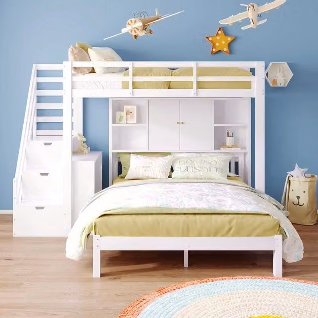 Letto a castello con contenitore ¨C Minimal ¨C Bianco legno 90x200cm + 140x200cm