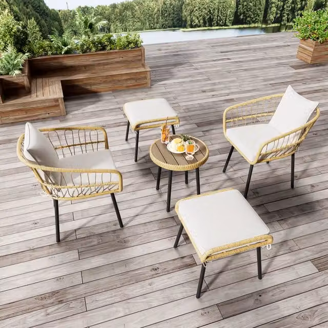 Set salotto giardino 5 pezzi: tavolo pranzo + 2 sedie + 2 sgabelli; rattan; naturale