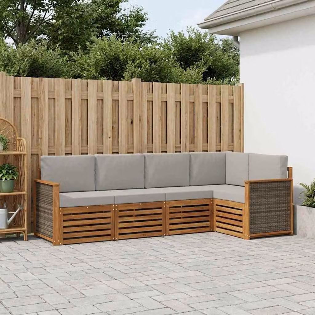 Set di divani da esterno vidaXL a forma di L in legno di acacia con cuscini, beige e grigio