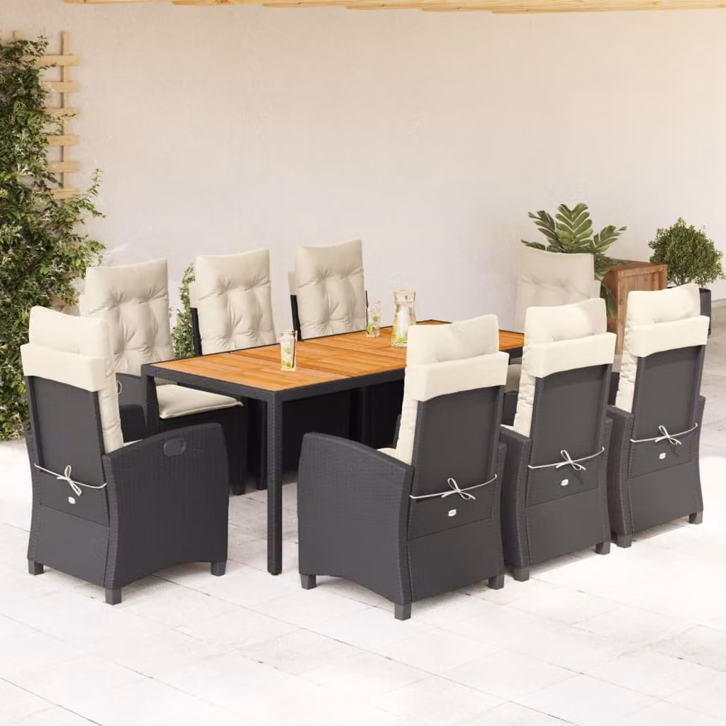 Set da pranzo da giardino vidaXL in polyrattan e legno di acacia con cuscini, 9 pezzi, nero e bianco – 1