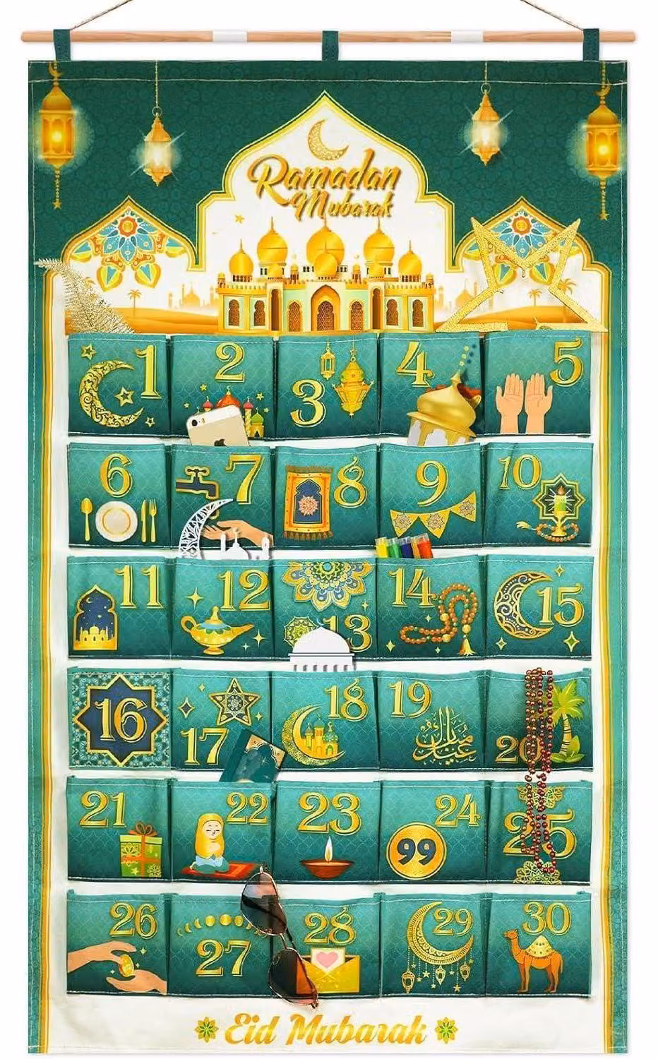 Calendario Ramadan con 30 sacchetti in tessuto, da appendere al muro o alla porta, ideale per decorazioni fai-da-te, nei colori verde e oro