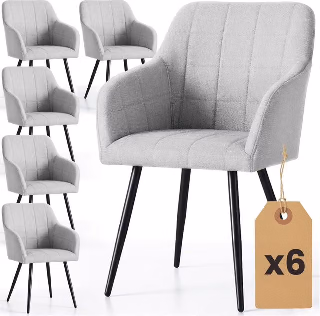 Set di 6 Sedie imbottite con cuciture quadrate LUXANO Grigio Chiaro gambe nere tessuto Lumos