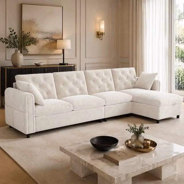 Divano angolare L trasformabile con contenitore e tasca laterale; beige; 281x132x86 cm