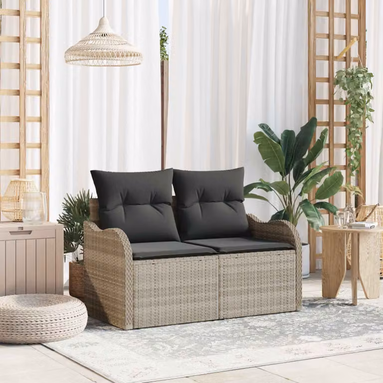 Divano da giardino moderno vidaXL in polyrattan grigio con cuscini L: 121 cm, P: 62 cm, H: 69 cm