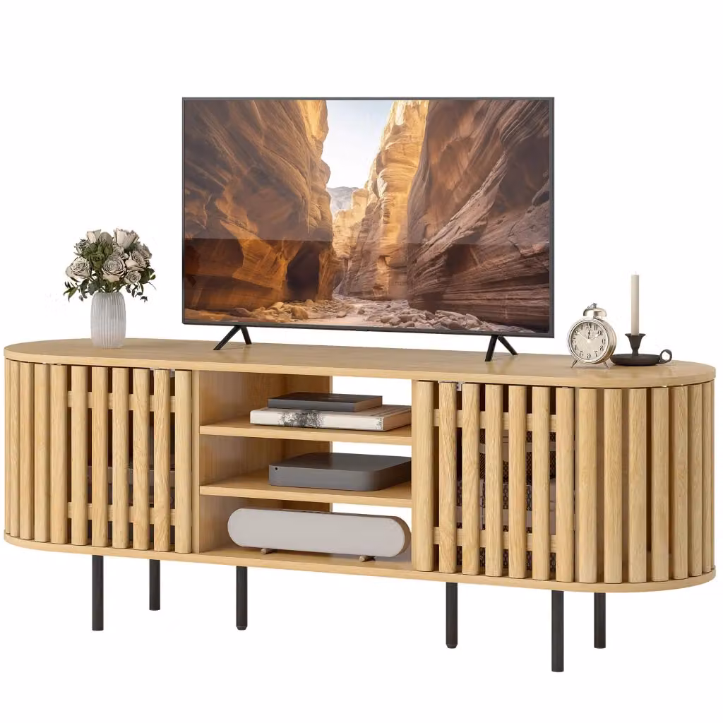 Mobile TV XYLO in legno naturale beige con 2 ante a doghe, stile scandinavo, L 140 cm x P 40 cm x H 52 cm – 2