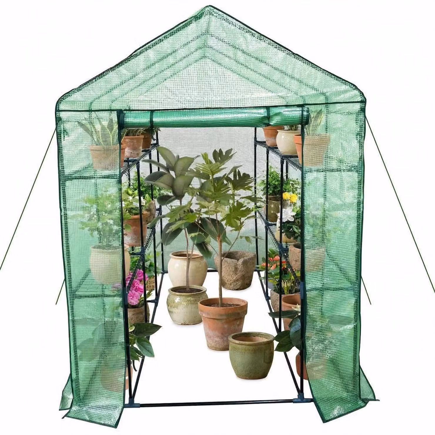 Serra da giardino - Tenda per piante accessibile - 142x210x190 cm - 3 livelli, 9 ripiani - Telo in PE impermeabile - Serra per pomodori - Porta a rullo con cerniera - Verde